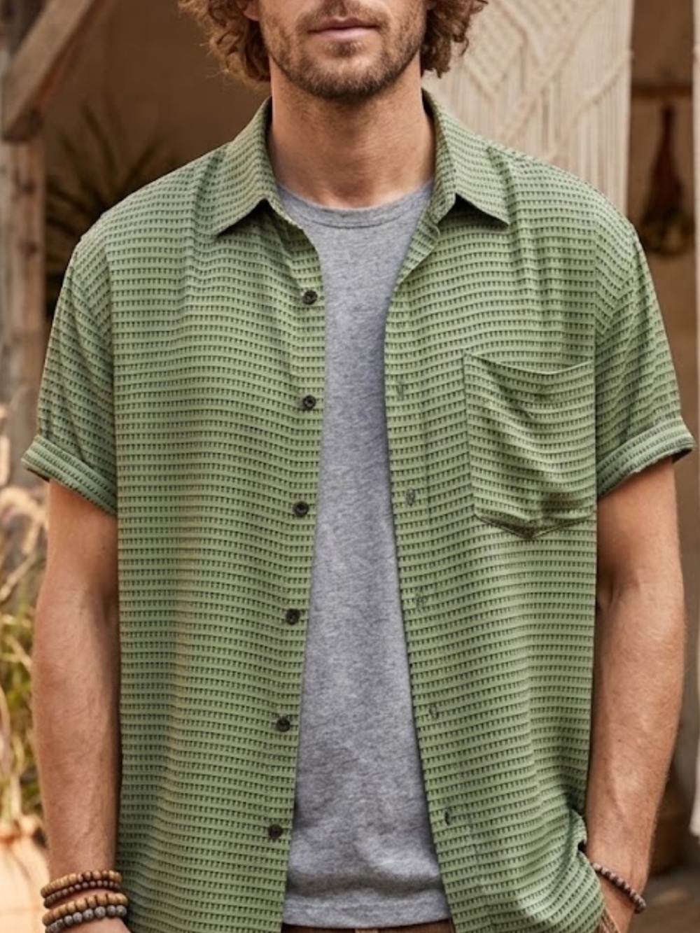 Basic Elements Silk Button Up Shirt Large Sage Green Geometric